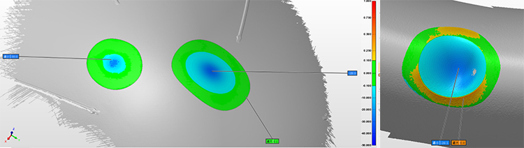 基于掃描的3D數(shù)據(jù)，可在第三方軟件中通過擬合周圍曲面（或?qū)Ρ仍既S數(shù)模），自動檢測凹坑的深度和寬度等，并形成可視化檢測報告，直觀清晰，方便快速判定是否超過標(biāo)準(zhǔn)值。